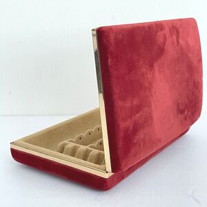 Vintage Mele Red Velvet Jewelry Travel Case Gold Tone Trim Clamshell Organizer